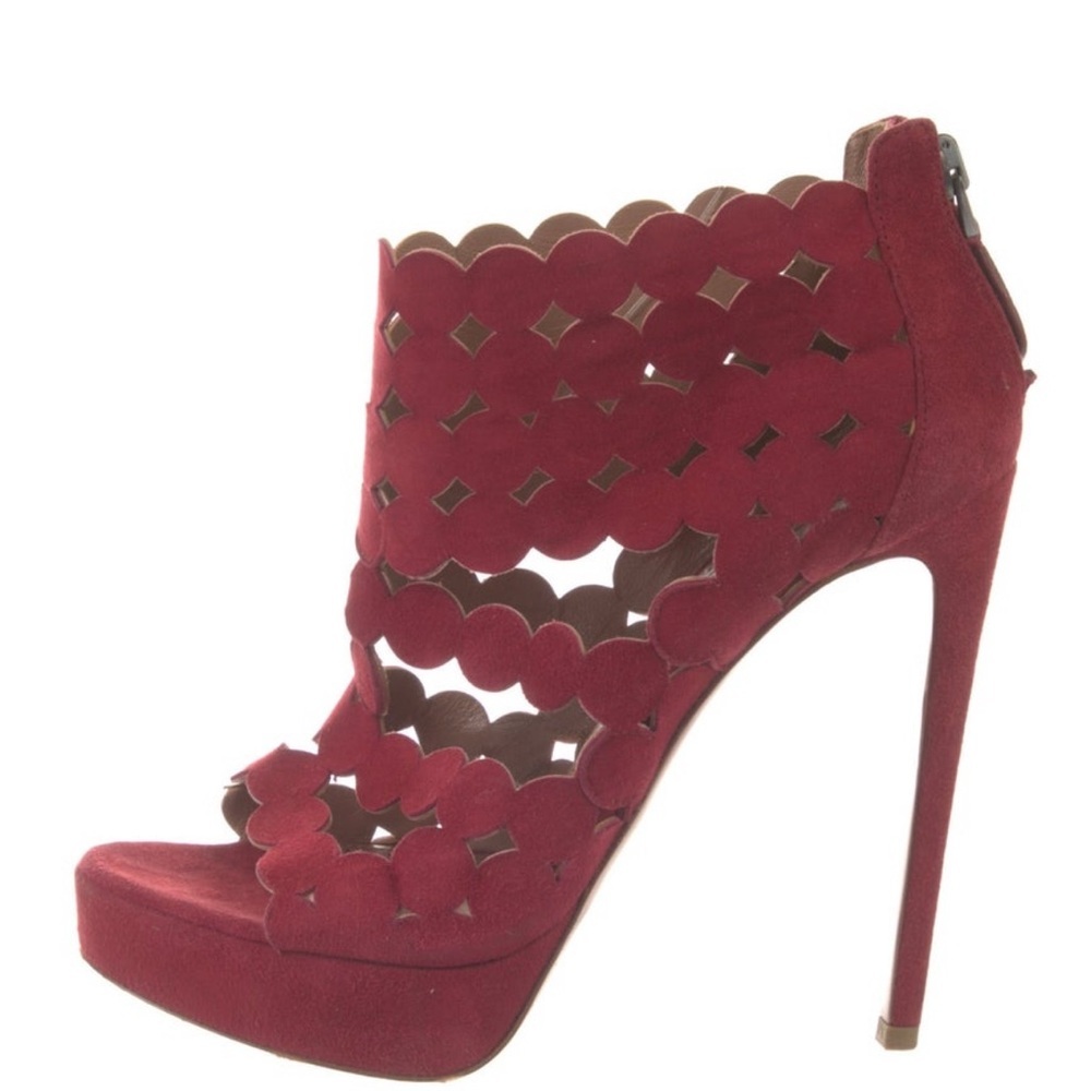 ALAÏA Burgundy Suede Laser-Cut Platform Sandals | IT 37.5 (US 7.5)